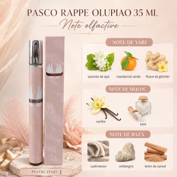 Parfum Pasco Rappe Olupiao 35 ml, Apă de Parfum Damă, Aromă Vanilată Sărată, Florală și Marină, Format Compact, Note de Iasomie de Apă, Mandarină Verde, Floare de Ghimbir, Vanilie, Sare, Cashmeran, Ambergris și Lemn de Santal - Img 4