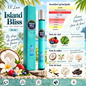Parfum pentru femei Island Bliss V.V. Love, Apa de Parfum, 35 ml, aroma vanilata dulce tropicala, fructe mici salbatice, note verzi, nuca de cocos, floare de portocal, nufar, vanilie, mosc si boabe de tonka - Img 5