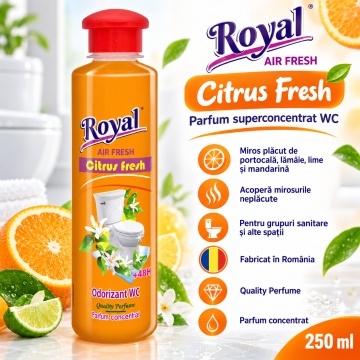 Parfum Superconcentrat WC Royal Air Fresh Citrus Fresh, Parfum Ambiental Intens, Portocală, Lămâie, Lime și Mandarină, cu Picurător, Fabricat în România, 250 ml