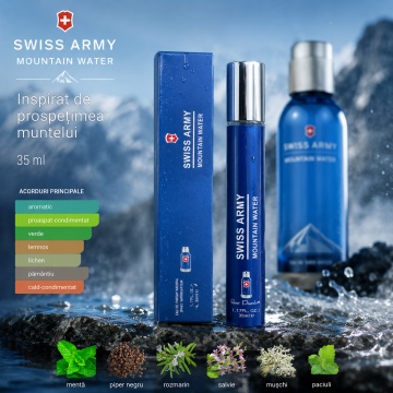 Parfum Swiss Army Mountain Water 35 ml, Apă de Parfum Bărbat, Aromă Proaspătă Aromatică, Verde și Lemnoasă, Format Compact, Note de Mentă, Piper Negru, Rozmarin, Salvie, Mușchi și Paciuli - Img 3