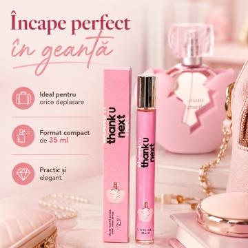 Parfum Thank U Next 35 ml, Apă de Parfum Damă, Aromă Fructat Gourmandă, Format Compact, Note de Pară, Zmeură, Nucă, Trandafir Roz, Mosc și Macaroon, Inspirat din Ariana Grande Thank U, Next - Img 4