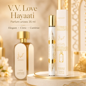 Parfum Unisex Arăbesc Hayaati Gold 35 ml V.V. Love, Apă de Parfum, Inspirat de Hayaati Gold Elixir Lattafa, Aromă Elegantă cu Bergamotă, Grapefruit, Coacăze, Piersică, Șofran, Vanilie, Ambră și Mosc