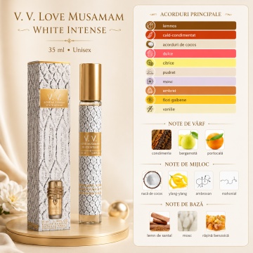 Parfum Unisex Arăbesc Musamam White Intense 35 ml V.V. Love, Apă de Parfum, Inspirat de Musamam White Intense Lattafa, Aromă Exotică Cremoasă cu Cocos, Bergamotă, Portocală, Ylang Ylang, Lemn de Santal, Mosc și Rășină Benzoică - Img 6