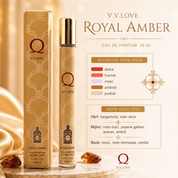 Parfum Unisex Arăbesc Royal Amber 35 ml V.V. Love, Apă de Parfum, Inspirat de Royal Amber Orientica Premium, Aromă Dulce Fructată și Ambrată cu Bergamotă, Note Verzi, Pepene Galben, Ananas, Ambră, Mosc, Note Lemnoase și Vanilie - Img 3