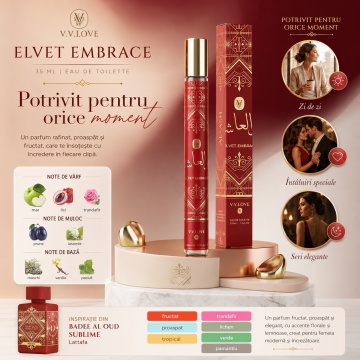 Parfum Unisex Arăbesc Velvet Embrace 35 ml V.V. Love, Inspirat de Bade'e Al Oud Sublime Lattafa, Aromă Fructată și Elegantă cu Măr, Lici, Trandafir, Prune, Iasomie, Vanilie, Mușchi și Paciuli - Img 6