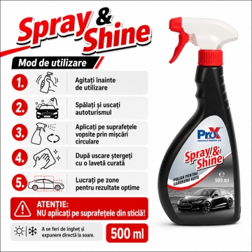 Polish auto exterior PRO X Spray & Shine, soluție cu polimeri siliconici pentru luciu, protecție caroserie, acoperire zgârieturi fine și revigorare culoare, 500 ml, 4x Stickere - Img 4
