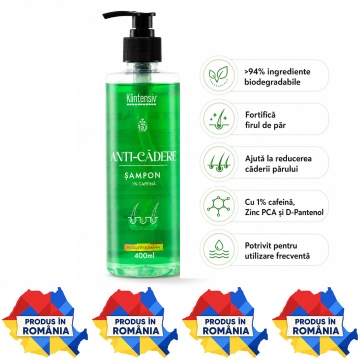 Șampon anti-cădere Klintensiv, cu Caffeine, Niacinamide, Zinc PCA și D-Panthenol, fortificare păr și îngrijire scalp, peste 94% ingrediente biodegradabile, produs românesc, 400 ml, 4x Stickere