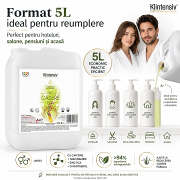 Șampon anti-cădere Klintensiv, formulă profesională cu Caffeine, Niacinamide, Zinc PCA și D-Panthenol, pentru saloane, hoteluri, firme și reumplere, produs românesc, bidon 5 L, 4x stickere - Img 4