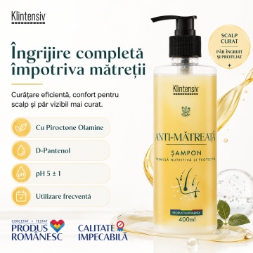 Șampon anti-mătreață Klintensiv, cu Piroctone Olamine și D-Panthenol, pentru scalp echilibrat și păr fără mătreață, peste 94% ingrediente biodegradabile, produs românesc, 400 ml, 4x Stickere - Img 4