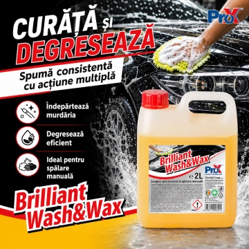 Șampon auto cu ceară PRO X Brilliant Wash&Wax, pH neutru, spumare consistentă, curățare, degresare, ceruire și protecție caroserie, luciu intens, 2 L, 4x Stickere - Img 4