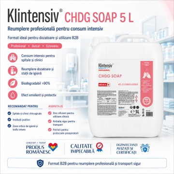 Săpun dezinfectant profesional Klintensiv CHDG Soap, clorhexidină digluconat 4%, pentru spitale, clinici, dispensere și reumplere dozatoare, canistră 5 L, 4x Stickere - Img 4