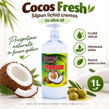 Săpun Lichid Cremos Cloret Cocos Fresh cu Pompiță, pentru Mâini, cu Ulei de Măsline, Curățare Delicată și Parfum de Cocos, 1 L