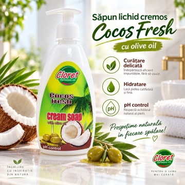Săpun Lichid Cremos Cloret Cocos Fresh cu Pompiță, pentru Mâini, cu Ulei de Măsline, Curățare Delicată și Parfum de Cocos, 500 ml - Img 4