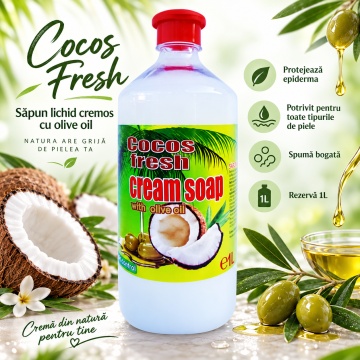 Săpun Lichid Cremos Cloret Cocos Fresh, Rezervă pentru Mâini, cu Ulei de Măsline, Curățare Delicată și Parfum de Cocos, pentru Reumplere Recipiente, 1 L - Img 4