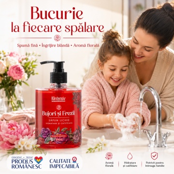 Săpun lichid Klintensiv, parfum Bujori si Freza, spumă fină, efect emolient și protectiv, peste 94% ingrediente biodegradabile, pentru mâini și tegumente, 500 ml, 4x Stickere - Img 4