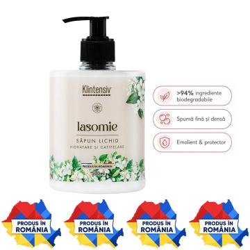 Săpun lichid Klintensiv, parfum Iasomie, spumă fină, efect emolient și protectiv, peste 94% ingrediente biodegradabile, pentru mâini și tegumente, 500 ml, 4x Stickere