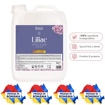 Săpun lichid Klintensiv, parfum Liliac, formulă profesională pentru mâini și tegumente, peste 94% ingrediente biodegradabile, ideal pentru hoteluri, firme, birouri și spații publice, 5 L, 4x Stickere