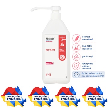 Săpun lichid profesional Klintensiv KlinSafe, formulă blândă pentru piele sensibilă, testat dermatologic, fără SLES și parabeni, pentru spitale, clinici, grădinițe și uz frecvent, 1 L, 4x Stickere