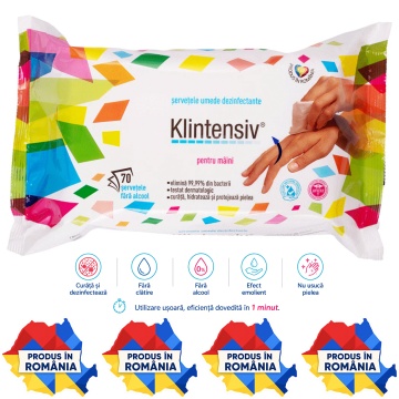 Șervețele dezinfectante mâini Klintensiv, pachet 70 buc, pentru igiena mâinilor și pielii, bactericide, levuricide, fără clătire, pentru birou, școli, restaurante și spații publice, aviz biocid, 4x Stickere