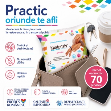 Șervețele dezinfectante mâini Klintensiv, pachet 70 buc, pentru igiena mâinilor și pielii, bactericide, levuricide, fără clătire, pentru birou, școli, restaurante și spații publice, aviz biocid, 4x Stickere - Img 6