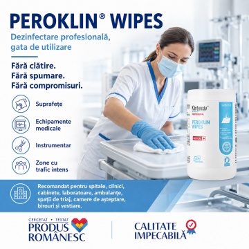 Servețele dezinfectante profesionale Peroklin Wipes Klintensiv, gata de utilizare, cu peroxid de hidrogen și săruri de amoniu cuaternar, pentru suprafețe, echipamente și instrumentar medical, tub 120 servetele, 4x Stickere - Img 6