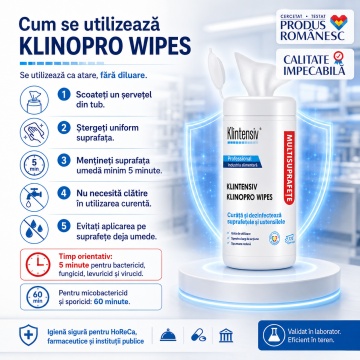 Șervețele dezinfectante suprafețe Klinopro Wipes, profesionale, bactericide, fungicide și virucide în 5 minute, pentru HoReCa, farmaceutic, alimentar și instituții publice, tub 120 buc, 4x Stickere - Img 6