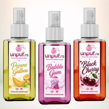 Set 3 Odorizante auto si casa Unpuf, Arome Black Cherry Bubble Gum Pepene Galben, cu pulverizator, improspatare aer si parfum de durata, 3x75 ml