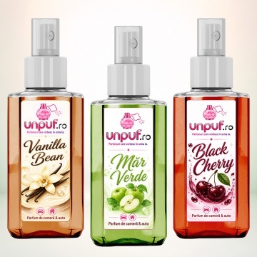 Set 3 Odorizante auto si casa Unpuf, Arome Black Cherry Mar Verde Vanilla Bean, cu pulverizator, improspatare aer si parfum de durata, 3x75 ml