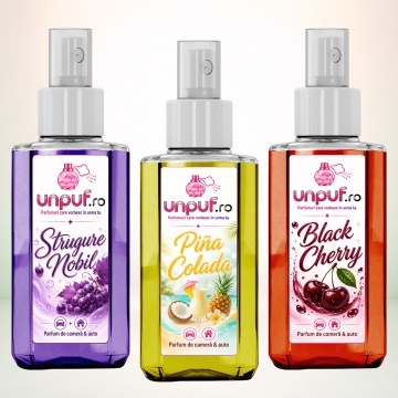 Set 3 Odorizante auto si casa Unpuf, Arome Black Cherry Pina Colada Strugure Nobil, cu pulverizator, improspatare aer si parfum de durata, 3x75 ml