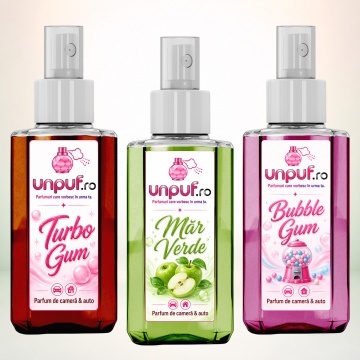 Set 3 Odorizante auto si casa Unpuf, Arome Bubble Gum Mar Verde Turbo Gum, cu pulverizator, improspatare aer si parfum de durata, 3x75 ml