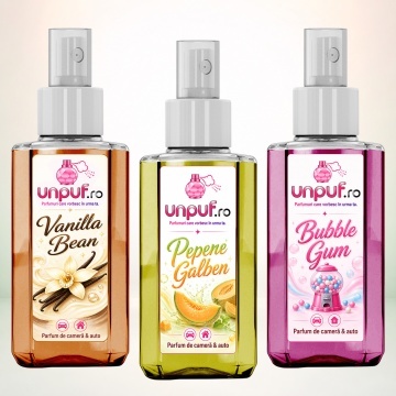 Set 3 Odorizante auto si casa Unpuf, Arome Bubble Gum Pepene Galben Vanilla Bean, cu pulverizator, improspatare aer si parfum de durata, 3x75 ml