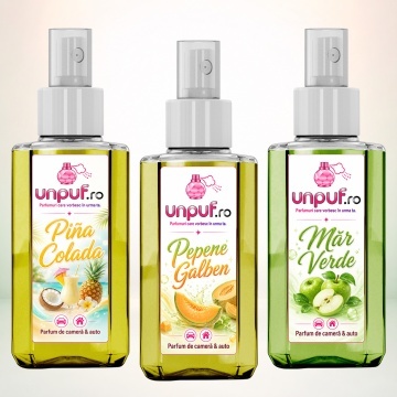 Set 3 Odorizante auto si casa Unpuf, Arome Mar Verde Pepene Galben Pina Colada, cu pulverizator, improspatare aer si parfum de durata, 3x75 ml