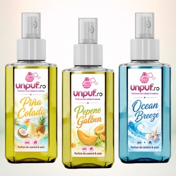 Set 3 Odorizante auto si casa Unpuf, Arome Ocean Breeze Pepene Galben Pina Colada, cu pulverizator, improspatare aer si parfum de durata, 3x75 ml