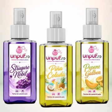 Set 3 Odorizante auto si casa Unpuf, Arome Pepene Galben Pina Colada Strugure Nobil, cu pulverizator, improspatare aer si parfum de durata, 3x75 ml