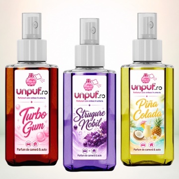 Set 3 Odorizante auto si casa Unpuf, Arome Pina Colada Strugure Nobil Turbo Gum, cu pulverizator, improspatare aer si parfum de durata, 3x75 ml