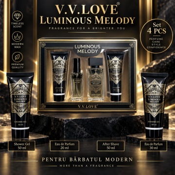 Set Cadou Bărbați V.V. Love Luminous Melody 4 Piese, 2 x Eau de Parfum 20 ml + 30 ml, After Shave 50 ml și Shower Gel 50 ml, 150 ml - Img 4