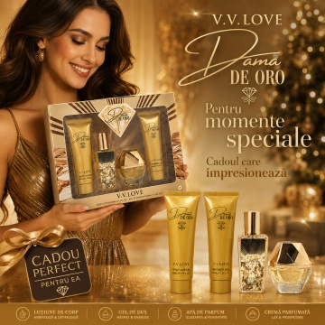 Set Cadou Damă V.V. Love Dama de Oro 4 Piese, Body Lotion, Body Mist, Eau de Parfum și Shower Gel 4x50 ml, Inspirat din Lady Million Rabanne - Img 7