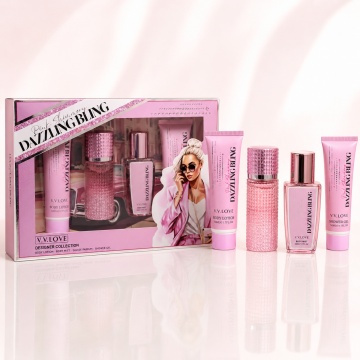 Set Cadou Damă V.V. Love Pink Shimmery Dazzling Bling 4 Piese, Body Lotion, Body Mist, Eau de Parfum și Shower Gel 4x50 ml, Inspirat din Victoria’s Secret Bombshell