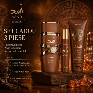 Set Cadou Lattafa Asad Bourbon 3 Piese, Eau de Parfum 100 ml + EDP 12 ml + Gel de Duș Parfumat 100 ml, Parfum Arabesc pentru Bărbați, Aromă Gourmand cu Vanilie Bourbon, Cacao, Lavandă, Ambră și Vetiver - Img 3