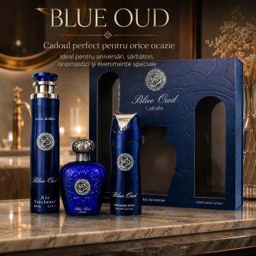 Set Cadou Lattafa Blue Oud 3 Piese, Eau de Parfum 100 ml + Spray Parfumat 200 ml + Odorizant Cameră 300 ml, Parfum Arabesc Unisex, Oud, Șofran, Mosc și Lemn de Santal - Img 4
