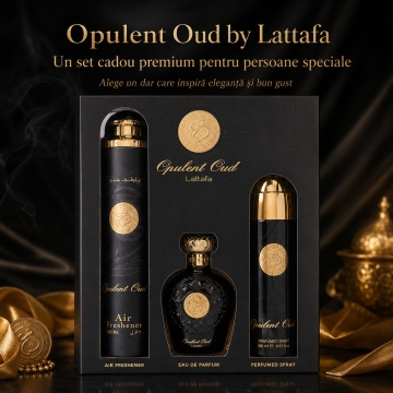 Set Cadou Lattafa Opulent Oud 3 Piese, Eau de Parfum 100 ml + Spray Parfumat 200 ml + Air Freshener 300 ml, Parfum Arabesc Unisex cu Oud, Ambră și Vanilie - Img 5