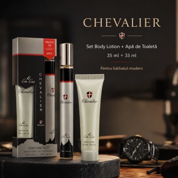 Set Chevalier 2x35 ml, Apă de Toaletă Bărbat 35 ml + Body Lotion 35 ml, Set Cadou Masculin, Aromă Elegantă, Proaspătă, Aromatică și Lemnoasă, Format Compact pentru Borsetă, Birou, Mașină și Călătorii - Img 7