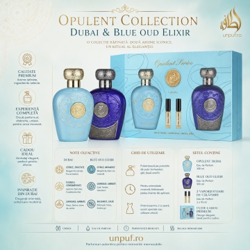 Set Parfum Lattafa Opulent Collection Dubai & Blue Oud Elixir, 2 x 100 ml Eau de Parfum Unisex, 2 mostre fiolă , cutie cadou premium, arome orientale - Img 3