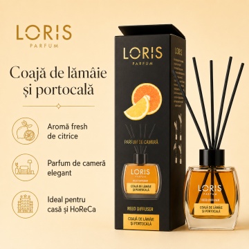 Set parfum odorizat de camera cu betisoare parfumate, miros placut persistent, LORIS PARFUM, esenta Coaja de lamaie si portocala, 120 ml