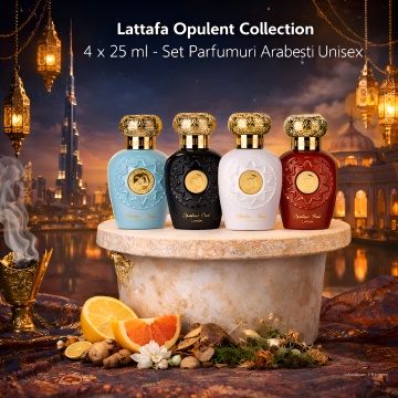 Set parfumuri arăbești unisex Lattafa Opulent Collection, 4 × 25 ml EDP, Opulent Dubai, Oud, Musk și Red, cu gentuță cadou - Img 4