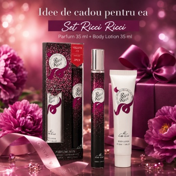 Set Ricci Ricci 2x35 ml, Apă de Toaletă Damă 35 ml + Body Lotion 35 ml, Aromă Floral Fructată, Verde și Lemnoasă, Note de Rubarbă, Bergamotă, Datură, Tuberoză, Trandafir, Paciuli și Lemn de Santal - Img 7