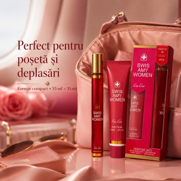 Set Swis Amy Women 2x35 ml, Apă de Parfum Damă 35 ml + Cremă de Mâini 35 ml, Aromă Proaspătă Florală, Verde și Moscată, Note de Ghimbir, Mușcată, Lăcrămioare, Măceșe, Mosc și Lemn Prețios - Img 3