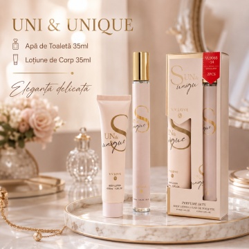 Set Uni & Unique 2x35 ml, Apă de Toaletă Damă 35 ml + Body Lotion 35 ml, Aromă Floral Fructată, Dulce, Vanilată și Moscată, Note de Citrice, Piersică, Fructul Pasiunii, Gardenie, Iasomie, Lemn de Santal, Vanilie, Ambră și Mosc - Img 2