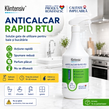 Soluție anticalcar Klintensiv Anticalcar Rapid RTU, gata de utilizare, pentru baie și bucătărie, curăță și îndepărtează calcarul, spumare redusă, parfum plăcut, 1 L, 4x Stickere - Img 4