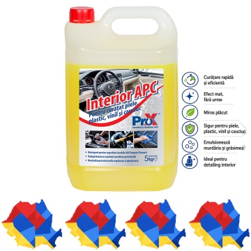 Soluție concentrată pentru curățat interior auto Interior APC PRO X, piele, plastic, vinil, cauciuc și suprafețe vopsite, efect mat, miros plăcut, detailing auto. 5 L, 4x Stickere